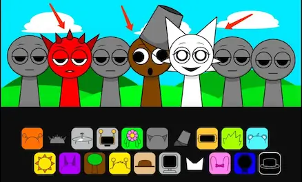 Sprunki characters in different colors (red, brown, and white) with arrows pointing to them, showing various combinations