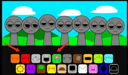 Sprunki character selection interface showing grey figures and colorful sound icons